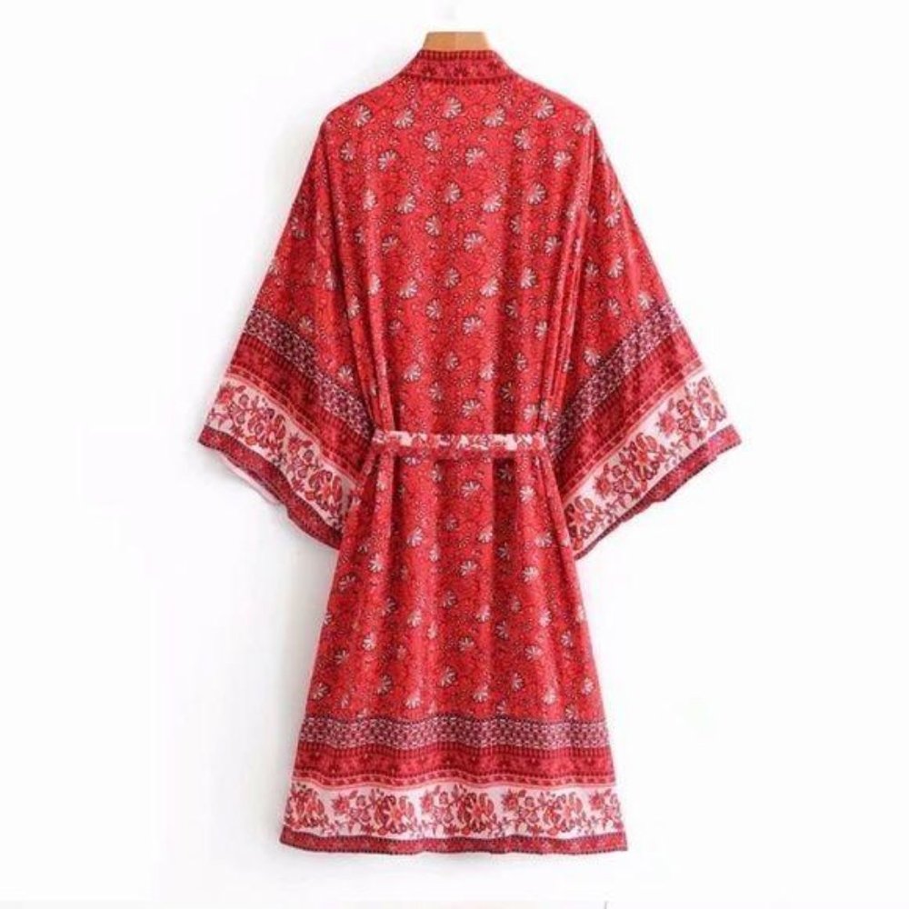 Bohemian Gypsy Print Maxi Kimono CoverUp Red - Picture 3 of 3